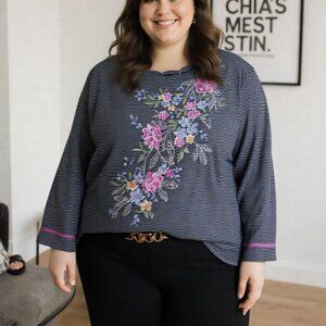 Alfred Dunner set formal pants black/blouse stripped blue flower size 3XL women